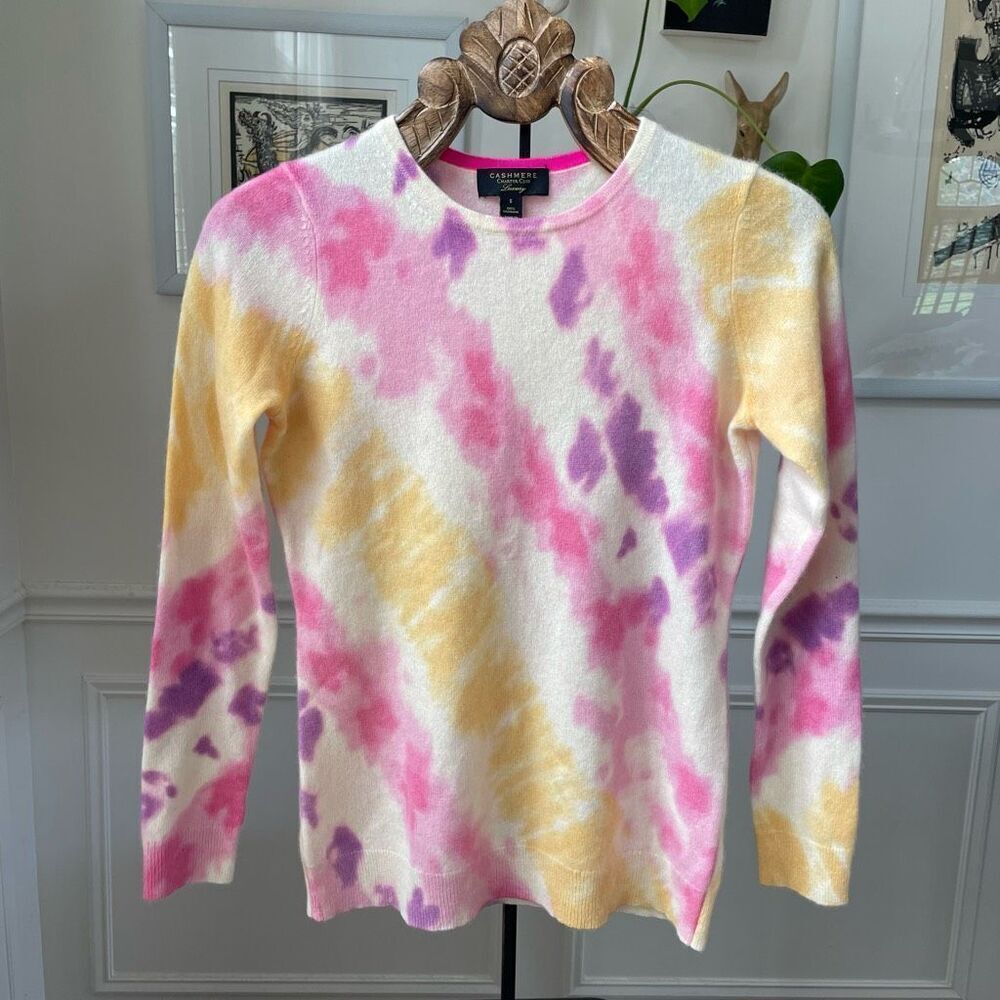 Charter Club Luxury Cashmere Tie Dye Crewneck Lightweight Sweater Pink Yellow Pu
